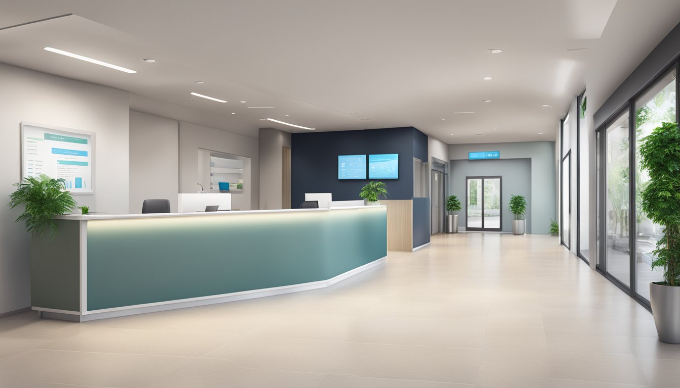 A modern medical facility with a sleek reception area, signage, and a visible opening hours display