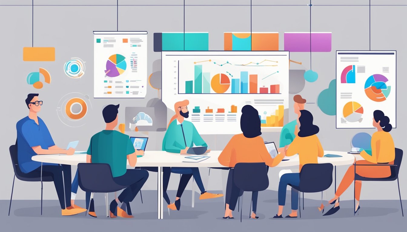 A group of people sitting around a table, discussing and brainstorming marketing goals and target audiences. Charts and graphs are displayed on the wall