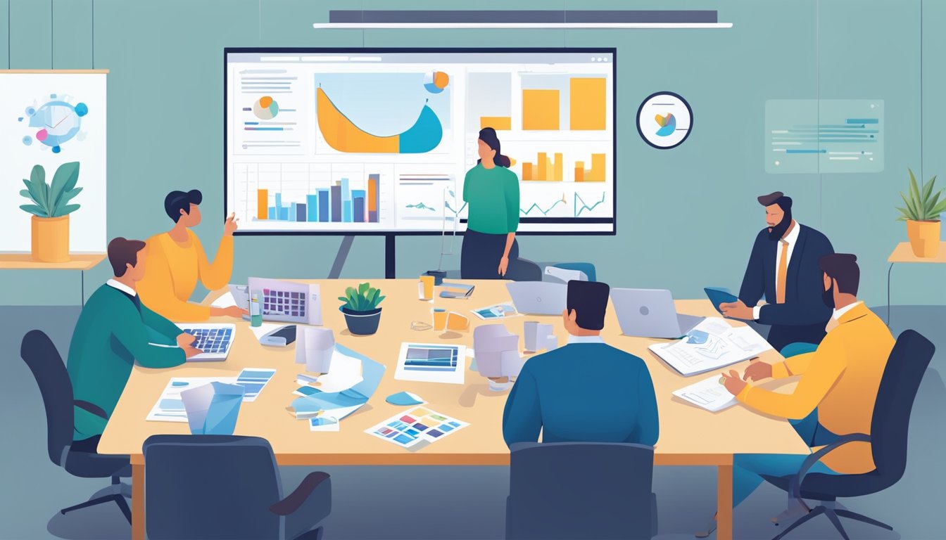 A group of people brainstorming and planning a marketing strategy at a conference table with charts, graphs, and laptops