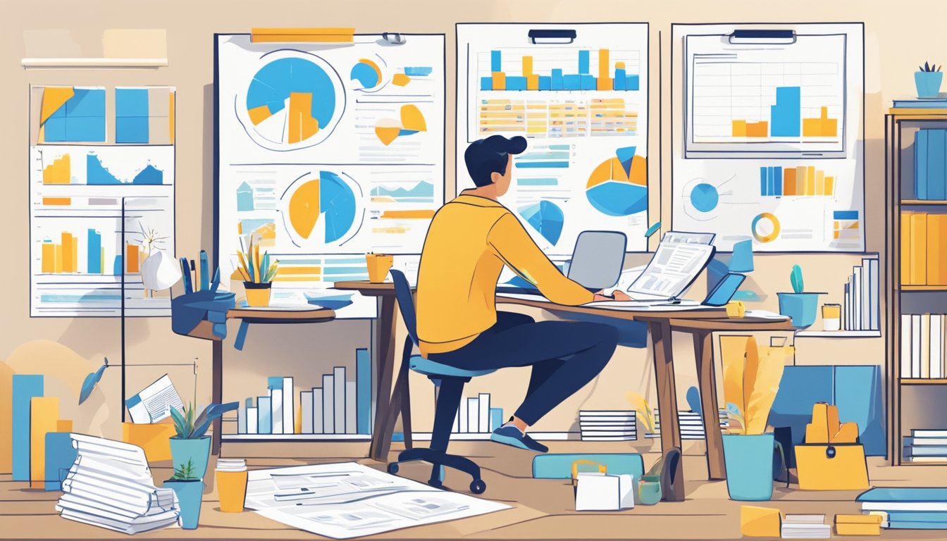 A person sitting at a desk, surrounded by charts, graphs, and a calendar. They are brainstorming and planning marketing activities for a marketing plan