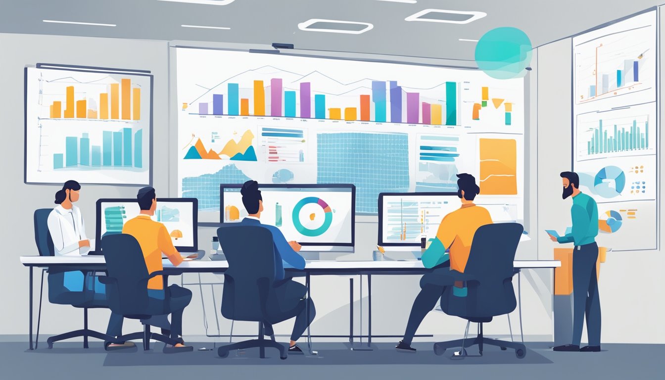 A busy office with a team discussing and brainstorming marketing strategies on a whiteboard, with charts and graphs displayed on a computer screen
