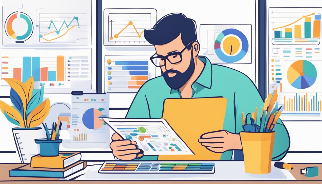 A person analyzing a marketing plan with charts and graphs