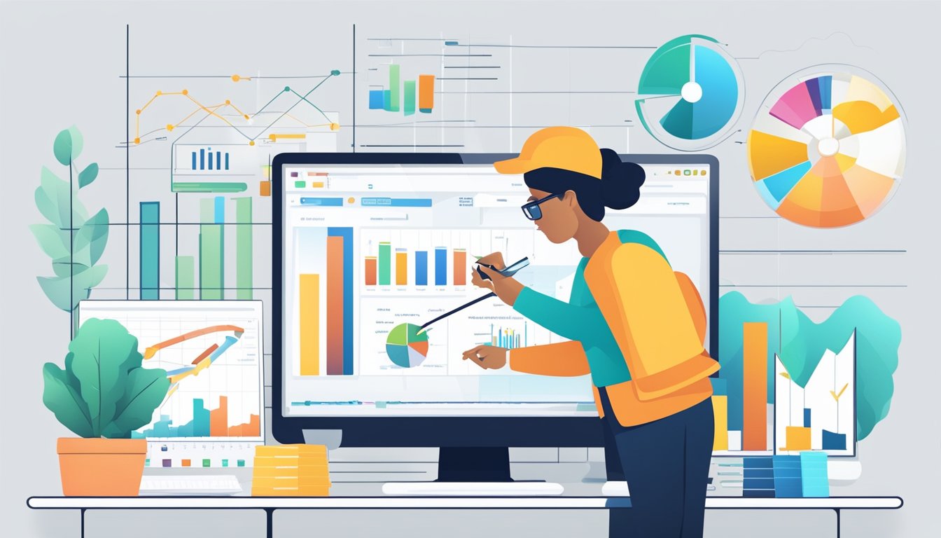 A person using online tools to create a marketing plan. Computer, charts, and graphs on the screen