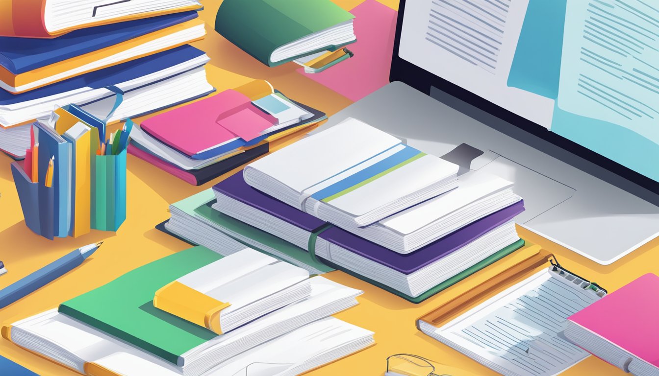 A stack of colorful FAQ booklets on a table with a laptop and a pen nearby