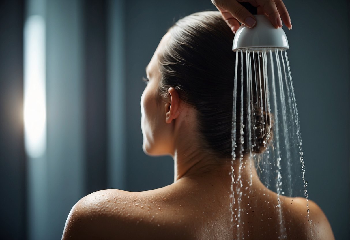 A woman's hand holding a bottle of gentle shampoo, while a shower head pours water over a head with adhesive hair extensions