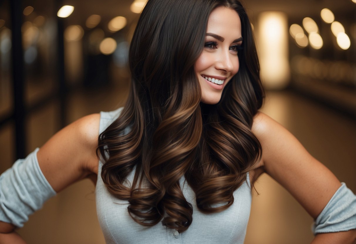 A woman with tape-in hair extensions, smiling with confidence. Hair appears fuller and longer, but some tapes are visible