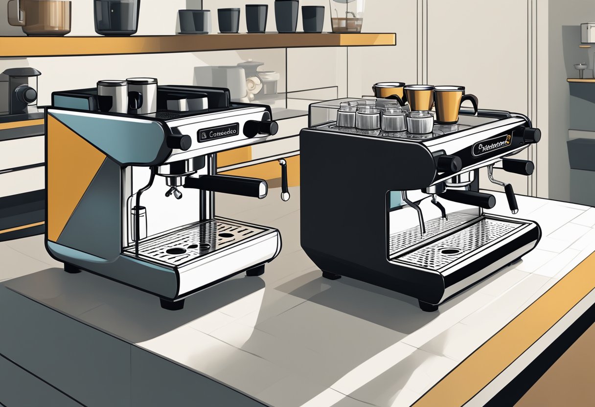 Two espresso machines, La Cimbali and La Marzocco, facing each other on a sleek, modern countertop in a trendy coffee shop