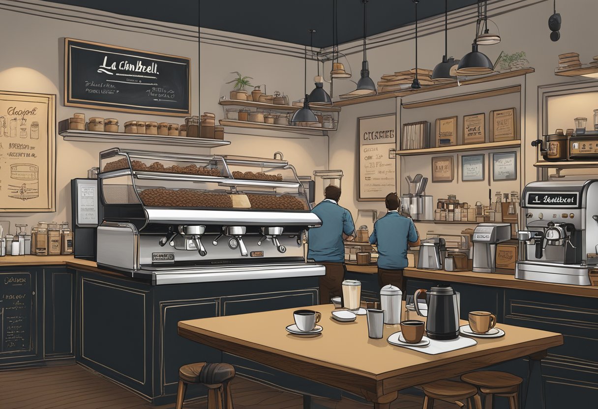 A bustling coffee shop with La Cimbali and La Marzocco espresso machines on a sleek counter, surrounded by vintage coffee memorabilia and a chalkboard menu
