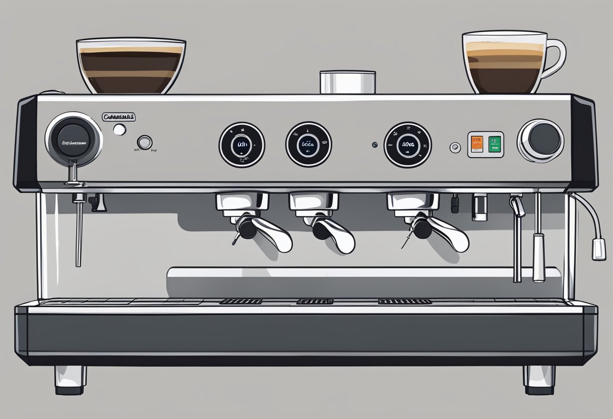 Two espresso machines, La Cimbali and La Marzocco, side by side with their technical specifications and performance metrics displayed prominently