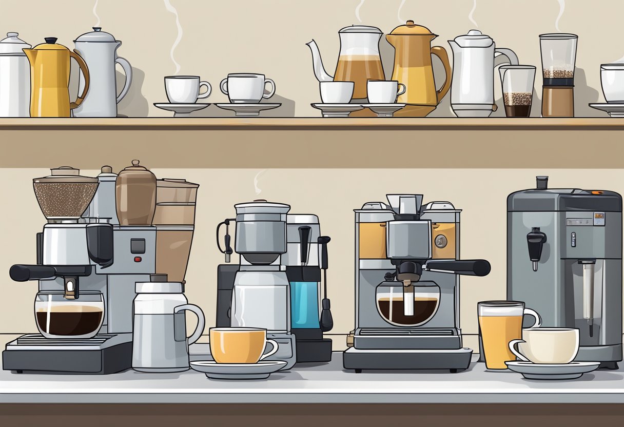 Steaming milk, espresso machines side by side, cups and saucers, various beverages in the background