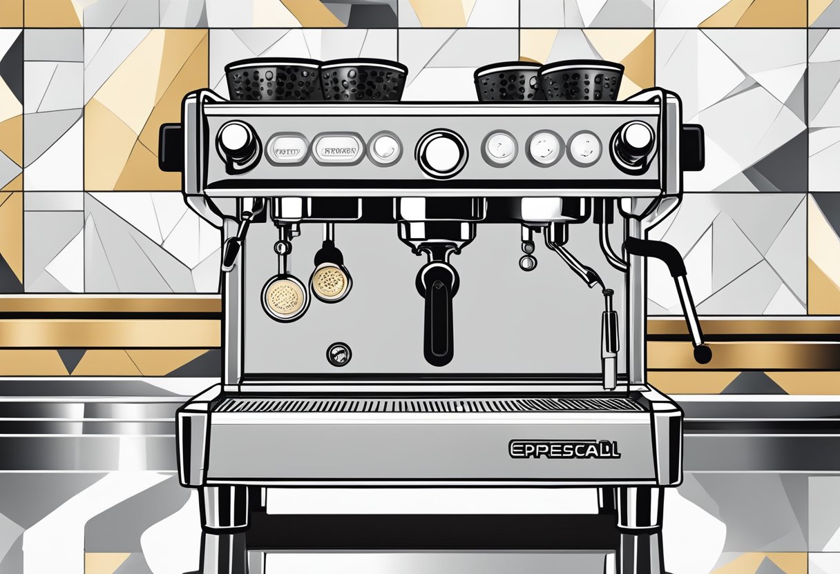 Two espresso machines, La Cimbali and La Marzocco, side by side on a sleek, modern countertop. Each machine is adorned with polished chrome and features a variety of buttons and dials for customization