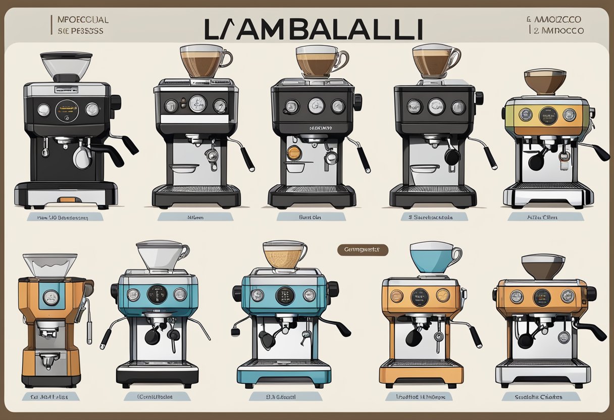 Two espresso machines side by side, with price tags and features highlighted. Customers comparing and evaluating the value of La Cimbali and La Marzocco