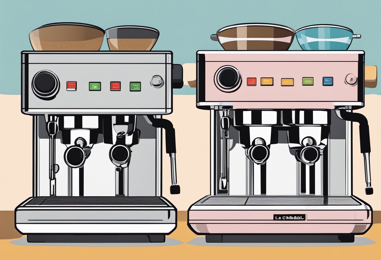 Two sleek espresso machines side by side, La Cimbali and La Marzocco, showcasing their key features and modern design