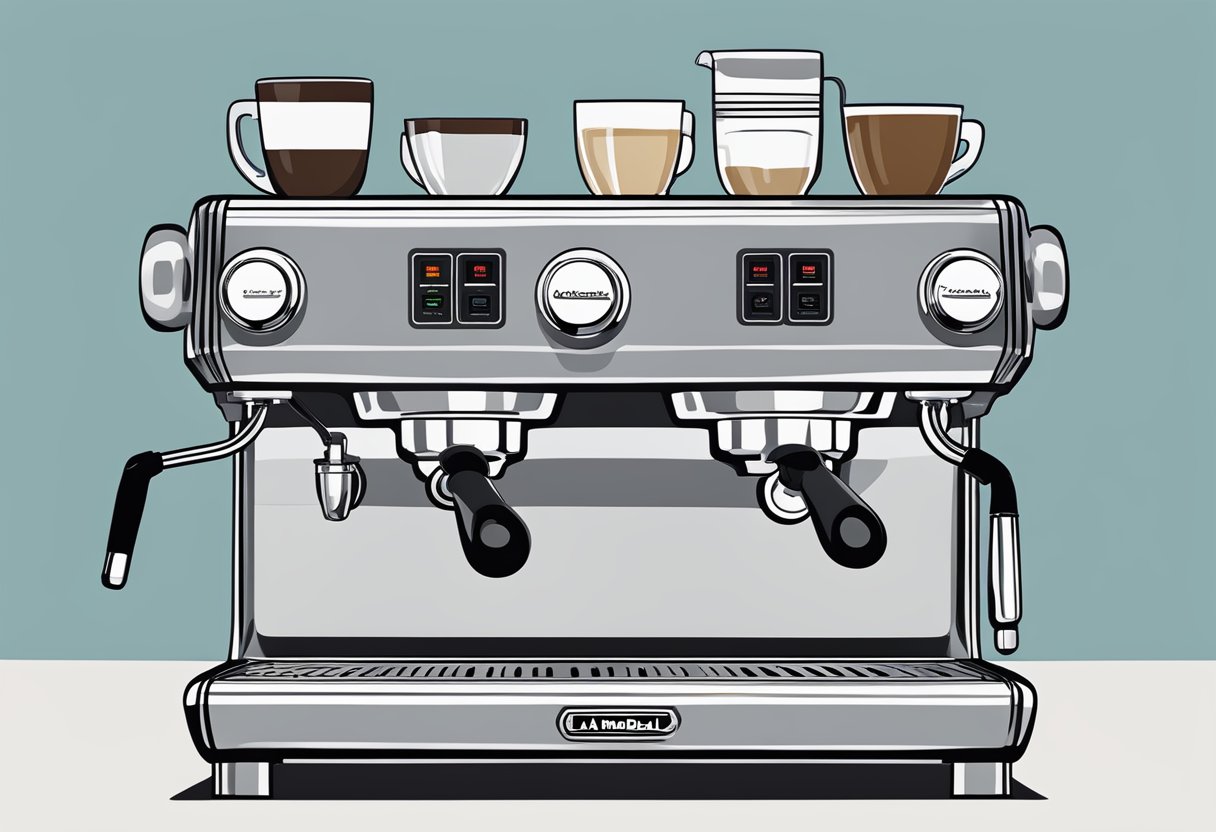 A sleek La Cimbali and La Marzocco espresso machines with various accessories and customizations displayed on a clean, modern countertop