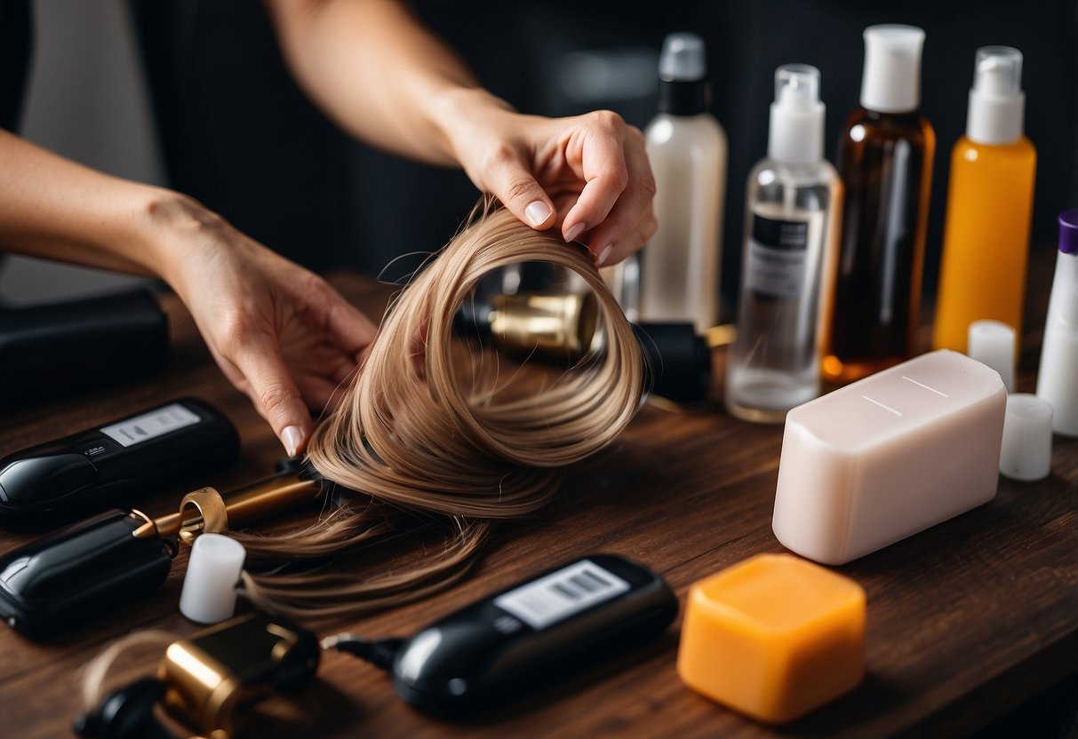 A hand reaches for a roll of tape-in hair extensions, surrounded by bottles of aftercare products. Pros and cons are listed on a nearby notepad