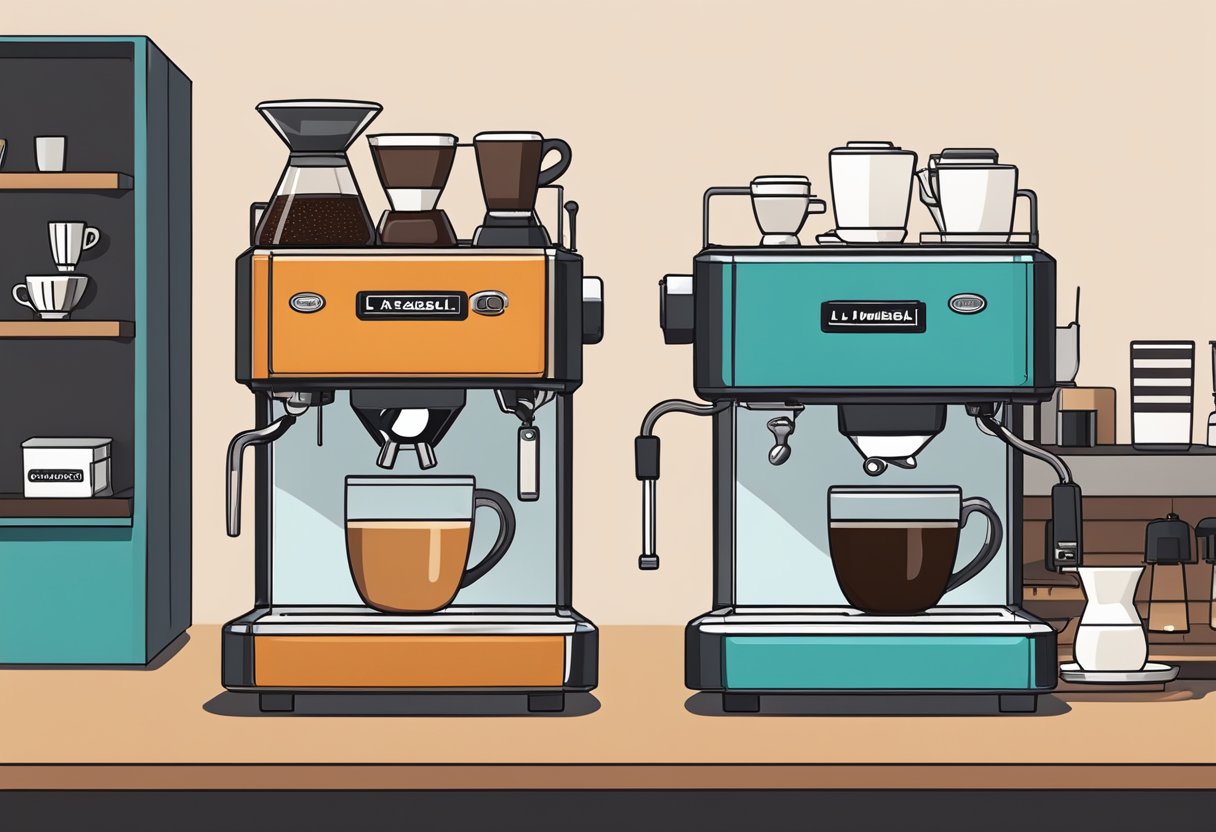 Two coffee machines, La Cimbali and La Marzocco, sit side by side in a modern cafe setting. A barista's tools and coffee accessories are neatly arranged around the machines