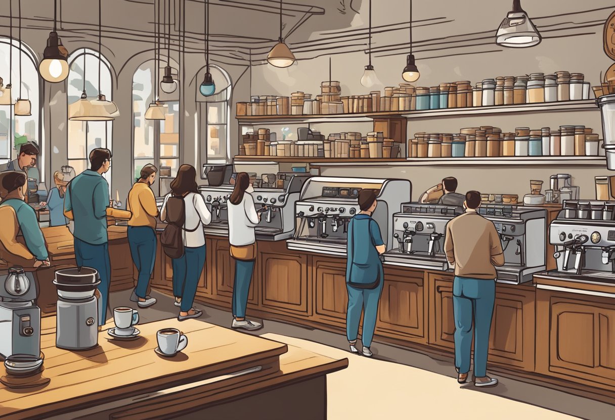 A bustling coffee shop with two high-end espresso machines side by side, surrounded by a group of satisfied customers sharing their glowing reviews and opinions on La Cimbali and La Marzocco