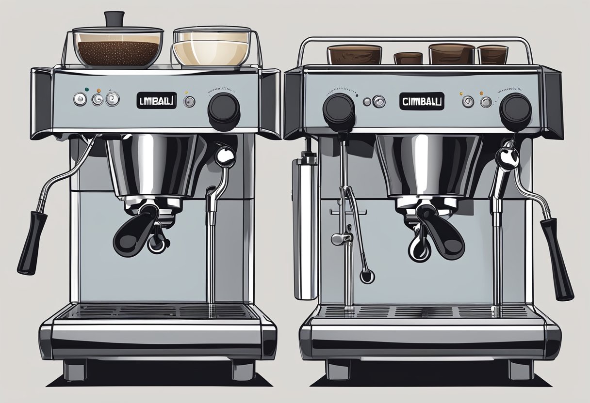 Two espresso machines, La Cimbali and La Marzocco, facing each other on a counter, with steam wands and group heads visible