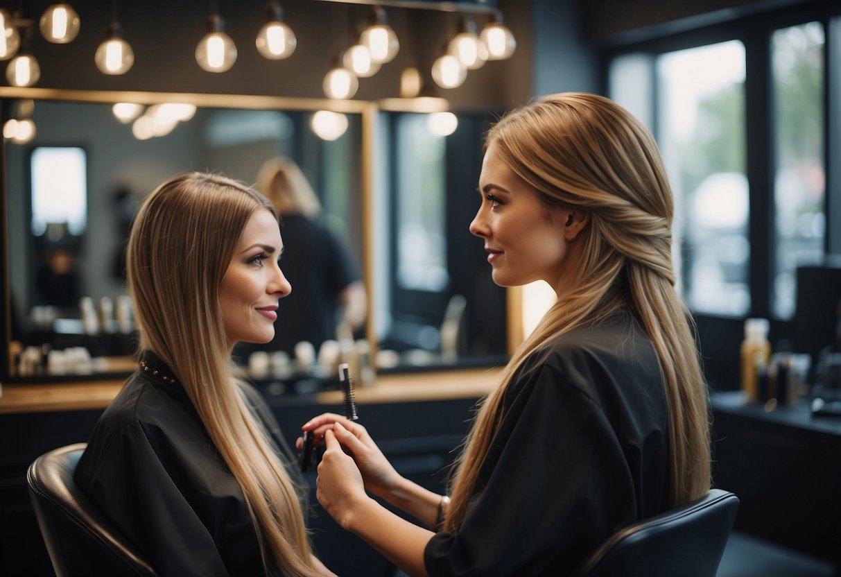 A woman sits at a salon chair, facing a mirror. A stylist holds a strand of hair, examining it for damage. A price list for hair extensions is visible in the background