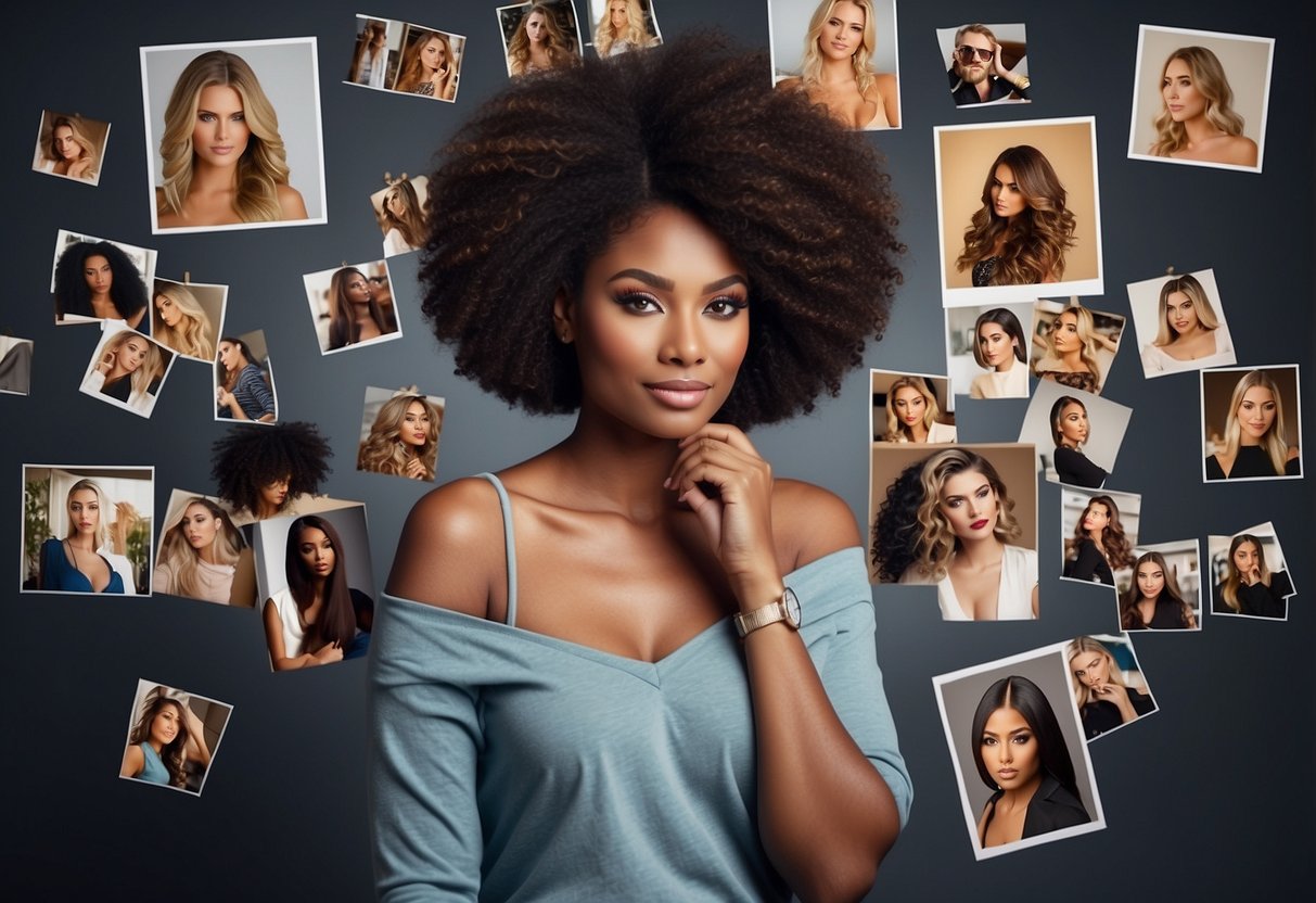 A woman weighing the pros and cons of sew-in hair extensions, surrounded by images of different hairstyles and a list of lifestyle considerations