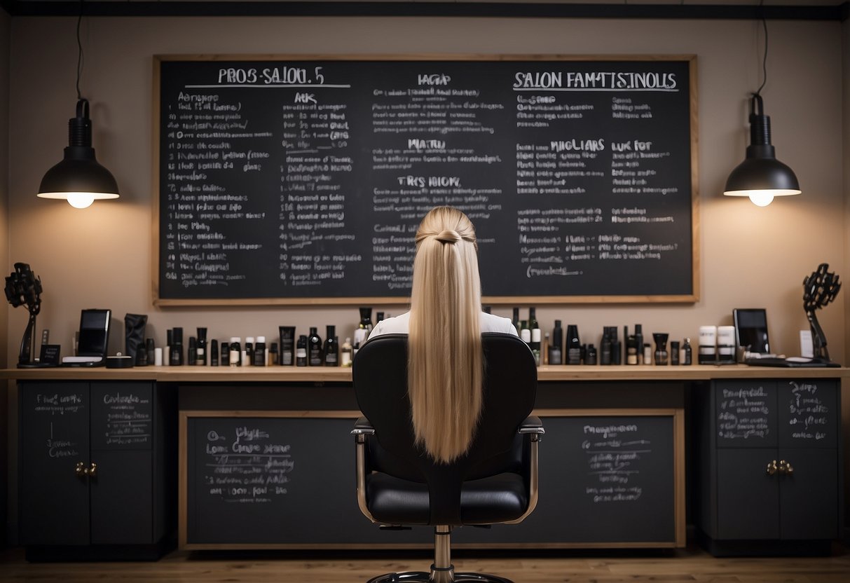 A salon table with various hair extension methods displayed, with a list of pros and cons written on a chalkboard in the background