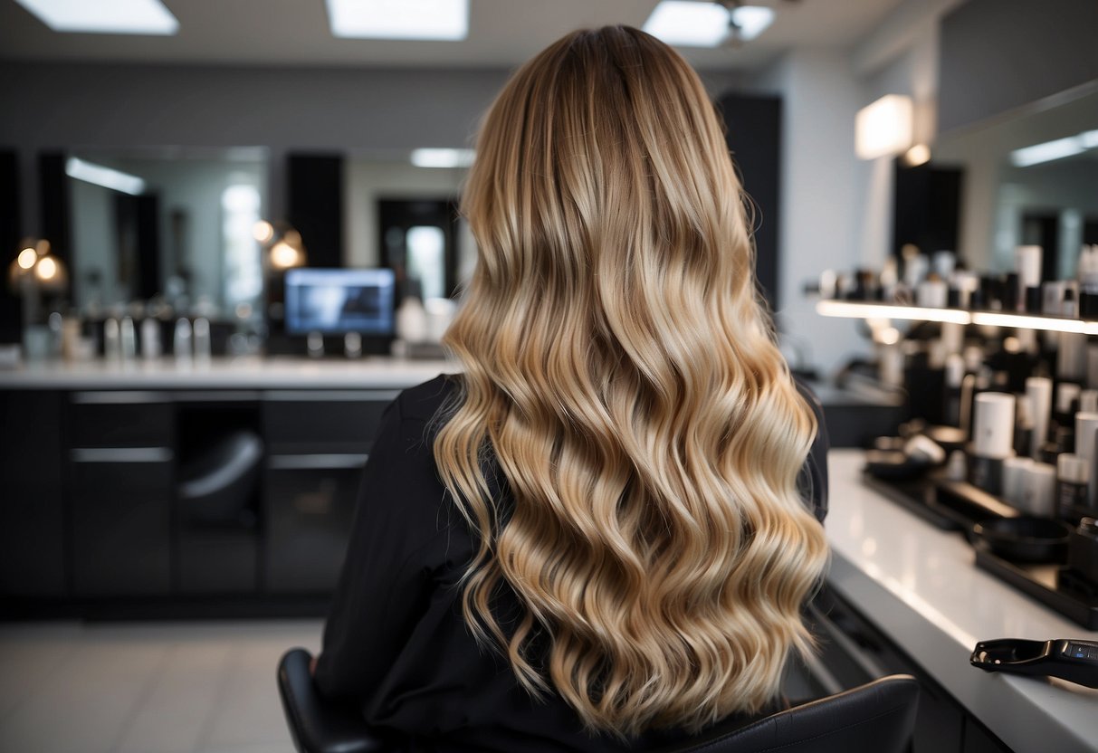 A stylist carefully applies fusion extensions, weighing the pros and cons. Tools and products are neatly organized on the salon counter