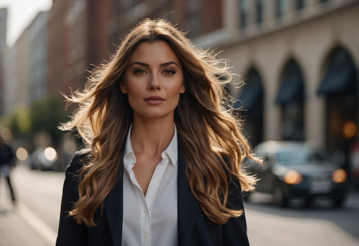 A woman with long, flowing hair walks confidently down a city street, turning heads with her glamorous and effortlessly chic look