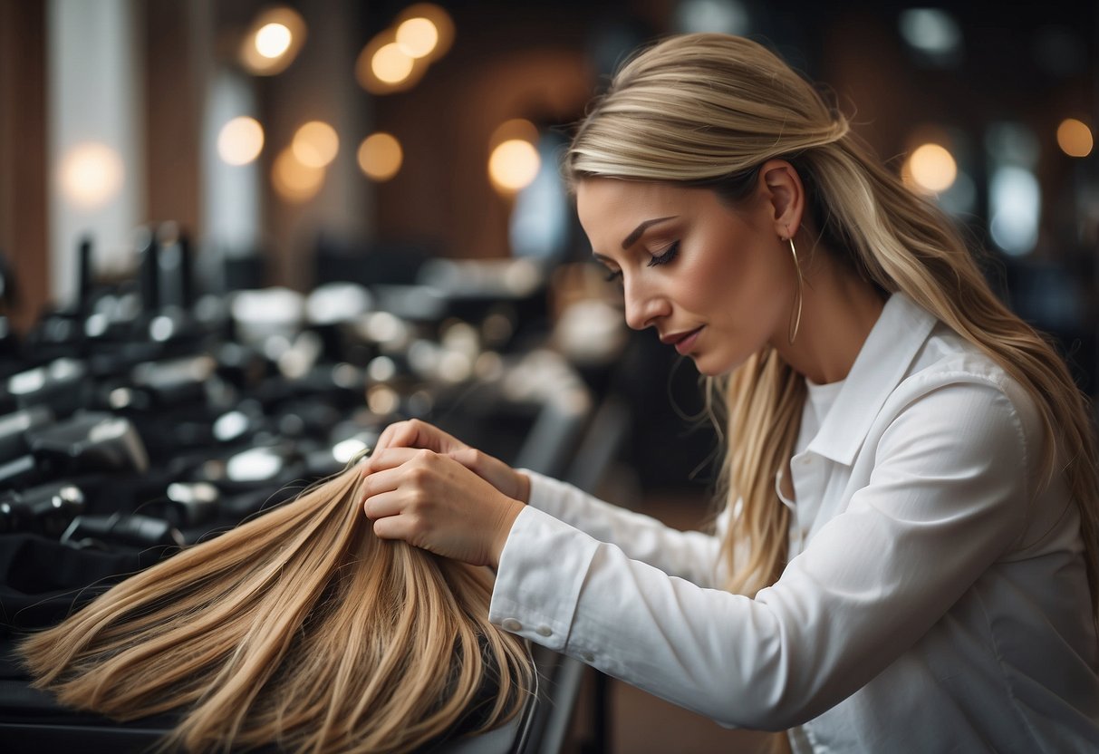 A stylist carefully inspects and detangles micro-loop extensions. Pros: natural look, easy maintenance. Cons: potential damage, time-consuming upkeep