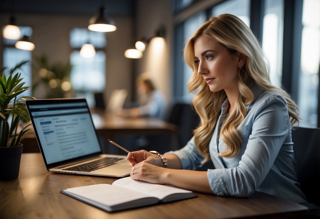 A woman sits at a desk, reading a list of pros and cons for nano rings hair extensions. A laptop and notepad are nearby