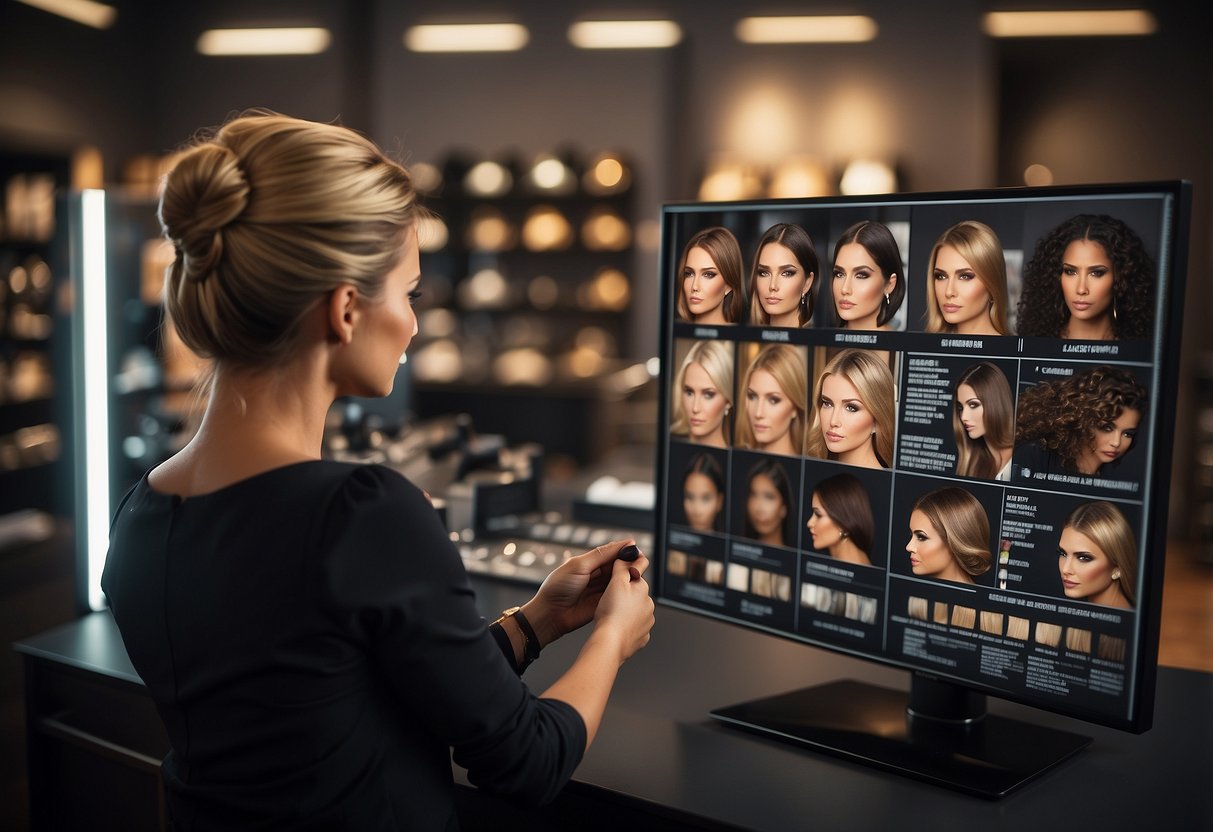 A woman examines various hair toppers, weighing the pros and cons. Displayed options range from natural-looking to synthetic materials