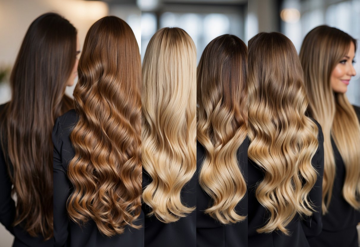 A side-by-side comparison of clip-in hair extensions and other types. Show the benefits and drawbacks through visual elements like scales or checkmarks