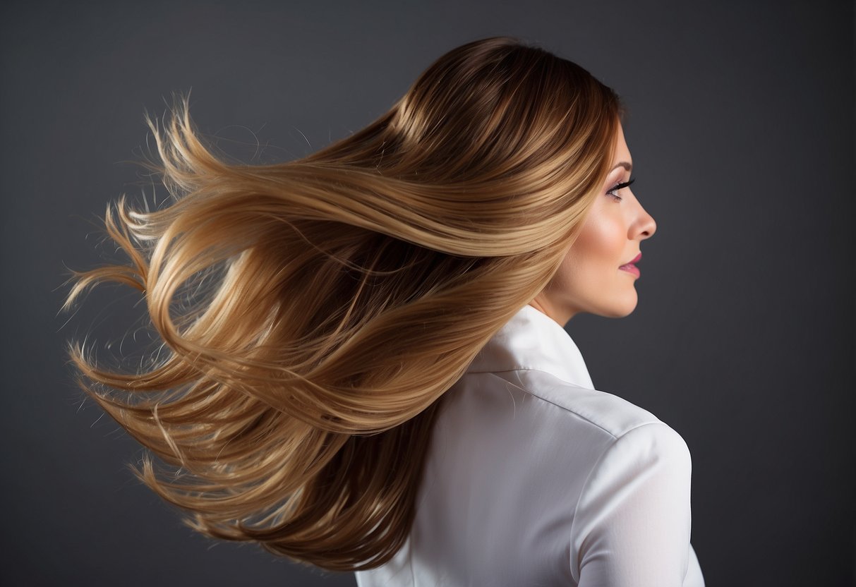 A woman with long, flowing hair effortlessly clips in extensions, showcasing the ease of use. However, the extensions may feel heavy or cause discomfort after prolonged wear