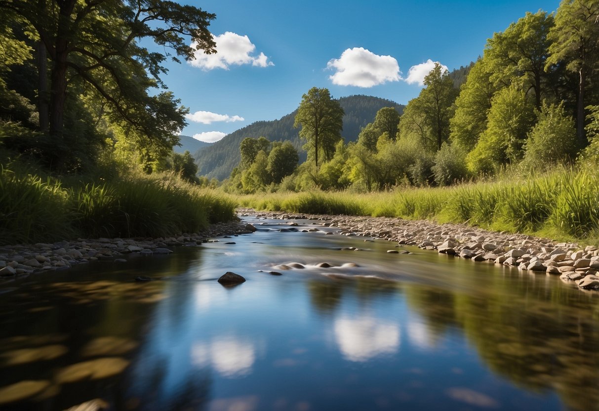 A serene natural landscape with a clear blue sky, lush greenery, and a gentle stream flowing through, symbolizing the concept of long-term skin health and healing a compromised skin barrier