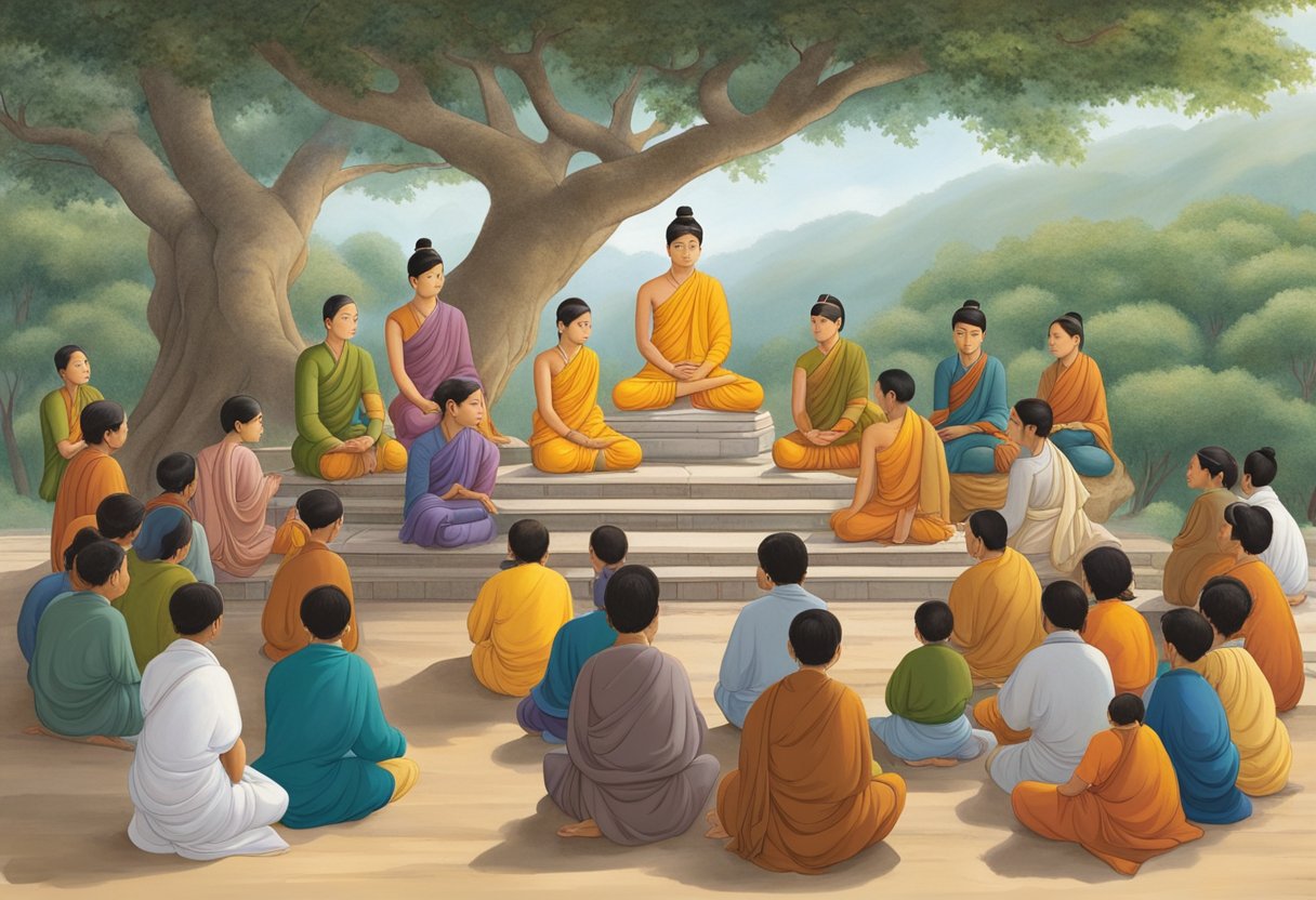 Prince Siddhartha sits cross-legged under a Bodhi tree, surrounded by scholars and teachers. He listens intently, absorbing knowledge and wisdom