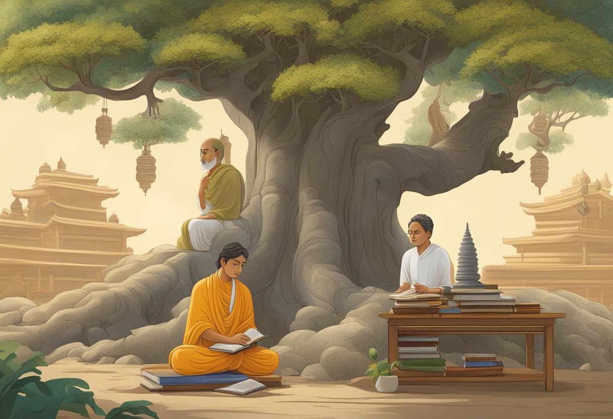 Prince Siddhartha studying under a Bodhi tree, surrounded by books and scrolls, while a wise teacher imparts knowledge