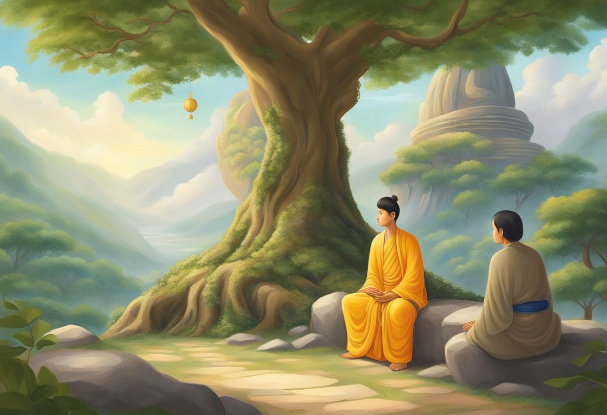 A young prince listens attentively to wise sages under the Bodhi tree, absorbing the teachings of Buddha. The serene atmosphere is filled with the tranquility of enlightenment