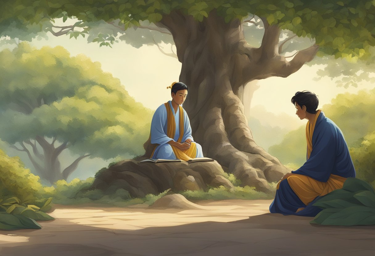 The young prince listens intently as his wise teacher imparts knowledge under the shade of a Bodhi tree