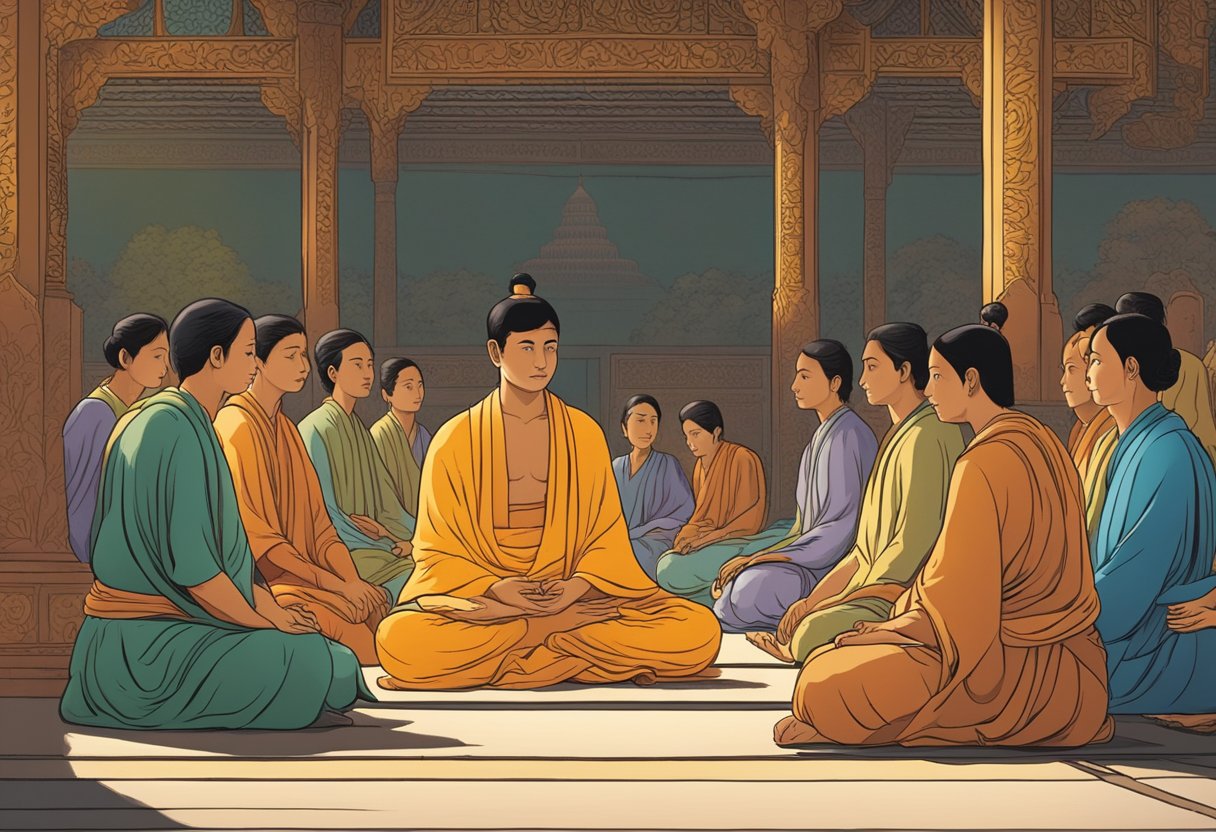 The young prince Siddhartha sits cross-legged, surrounded by a group of attentive teachers, as he listens and asks questions in his quest for knowledge