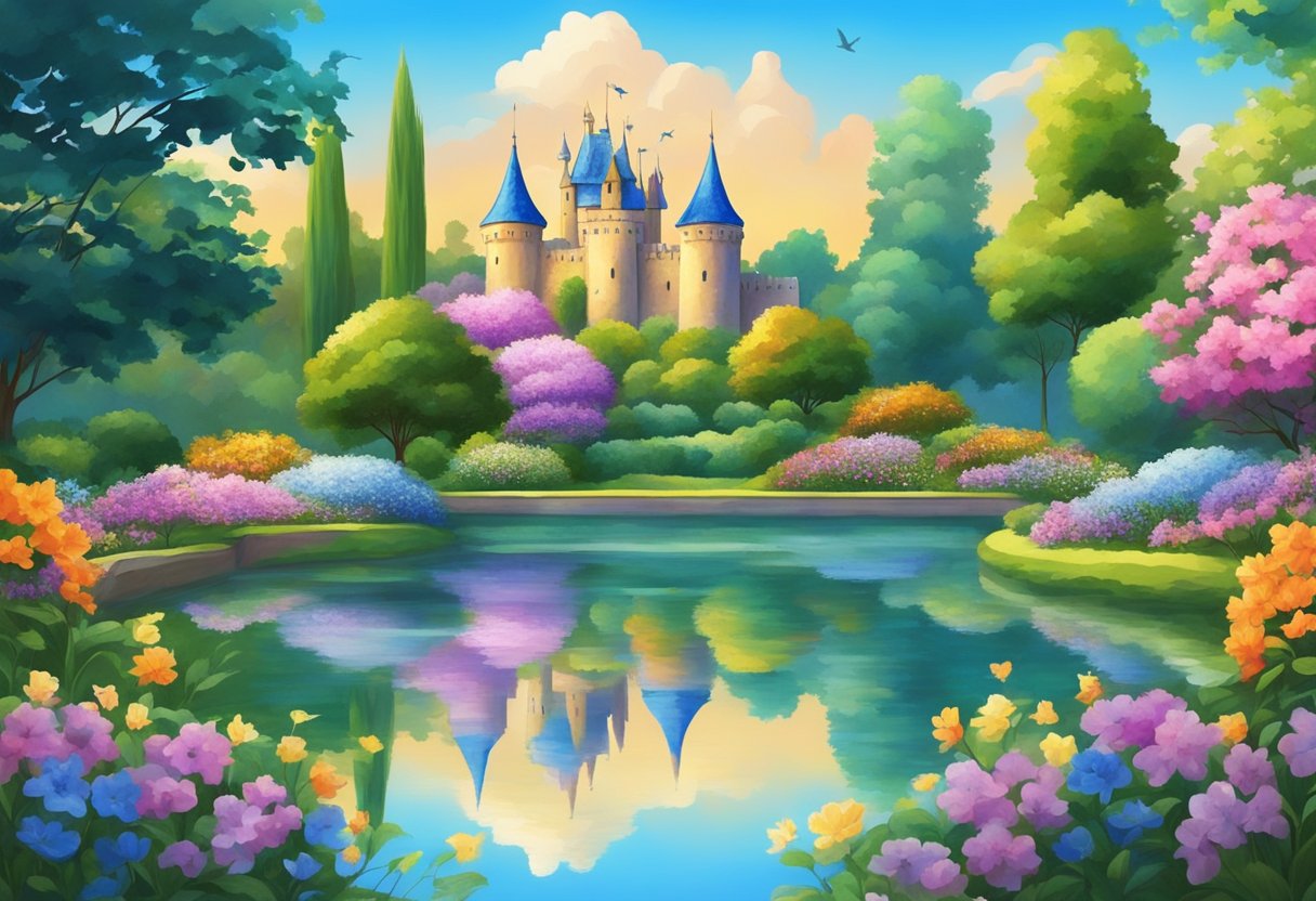 A lush garden with colorful flowers and singing birds, a majestic castle in the distance, and a shimmering pond reflecting the clear blue sky