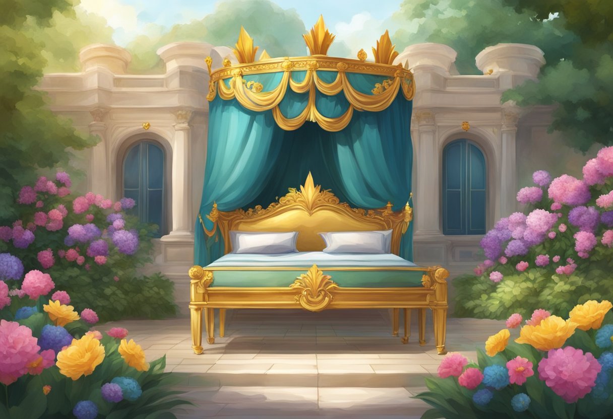 A palace garden with colorful flowers and a gentle breeze. A golden crown sits on a velvet pillow, symbolizing the prince's kindness and generosity