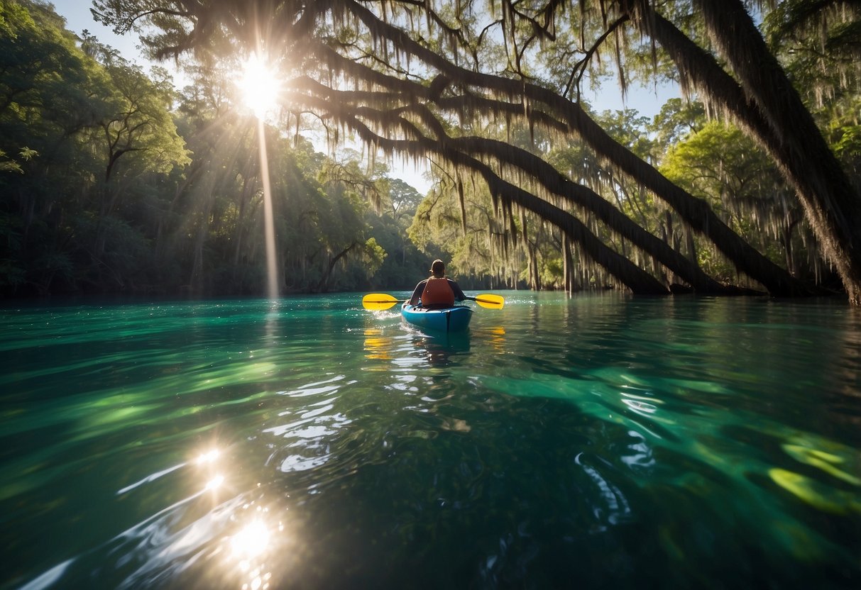 Sunlight filters through the lush, overhanging trees as a kayak glides through the crystal-clear waters of Silver Springs, Ocala. Wildlife peeks out from the dense foliage, and the serene atmosphere invites exploration