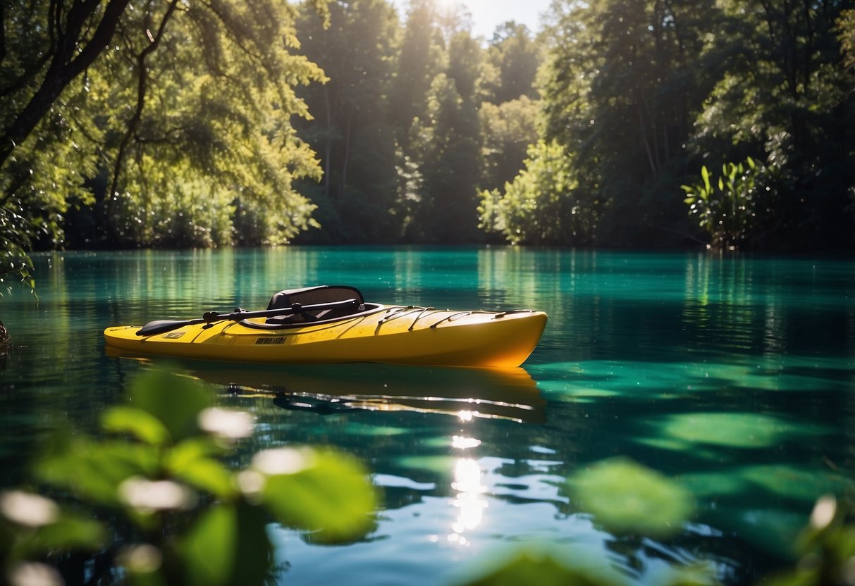 A kayak sits on the calm, crystal-clear waters of Silver Springs, surrounded by lush greenery and wildlife. The sun glistens on the surface, creating a serene and inviting atmosphere for a kayaking trip