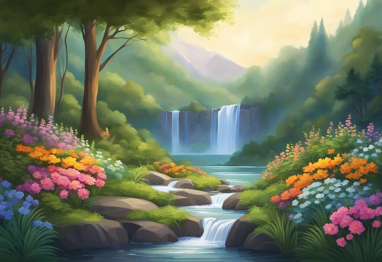 A serene forest with a winding river, surrounded by lush greenery and vibrant flowers, with a majestic waterfall in the distance