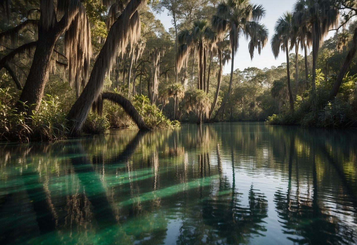 Crystal clear water reflects sunlight onto lush greenery, as kayaks glide through narrow waterways of Silver Springs, Ocala. Wildlife peeks from the foliage, creating a serene and picturesque scene