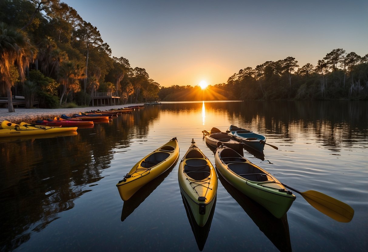 The sun sets over the calm waters of Silver Springs, with kayaks lined up along the shore. Nearby, cozy accommodations and local amenities offer a perfect retreat for kayaking enthusiasts