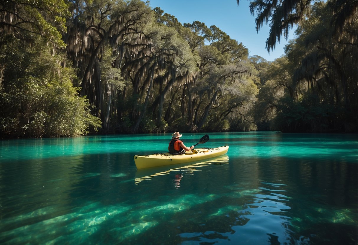 Kayaking through crystal-clear waters, surrounded by lush greenery and wildlife, showcasing conservation efforts at Silver Springs, Ocala