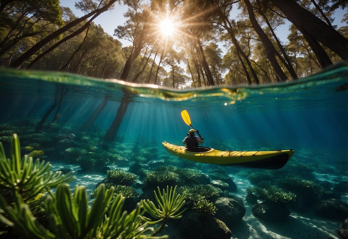 A kayak glides through crystal-clear waters, surrounded by lush greenery and towering cypress trees. Sunlight dances on the surface, illuminating the underwater world teeming with aquatic life