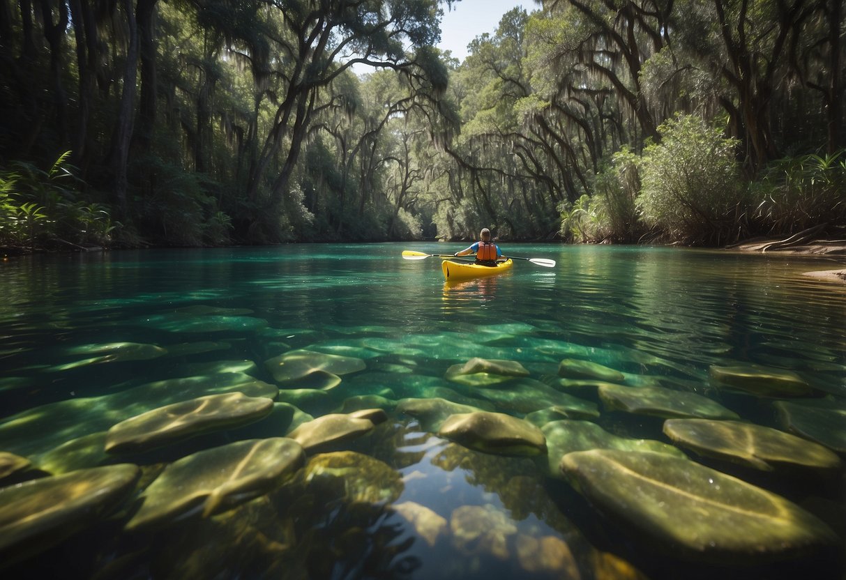 Kayaking down Juniper Run, surrounded by lush greenery and crystal-clear water in Ocala National Forest