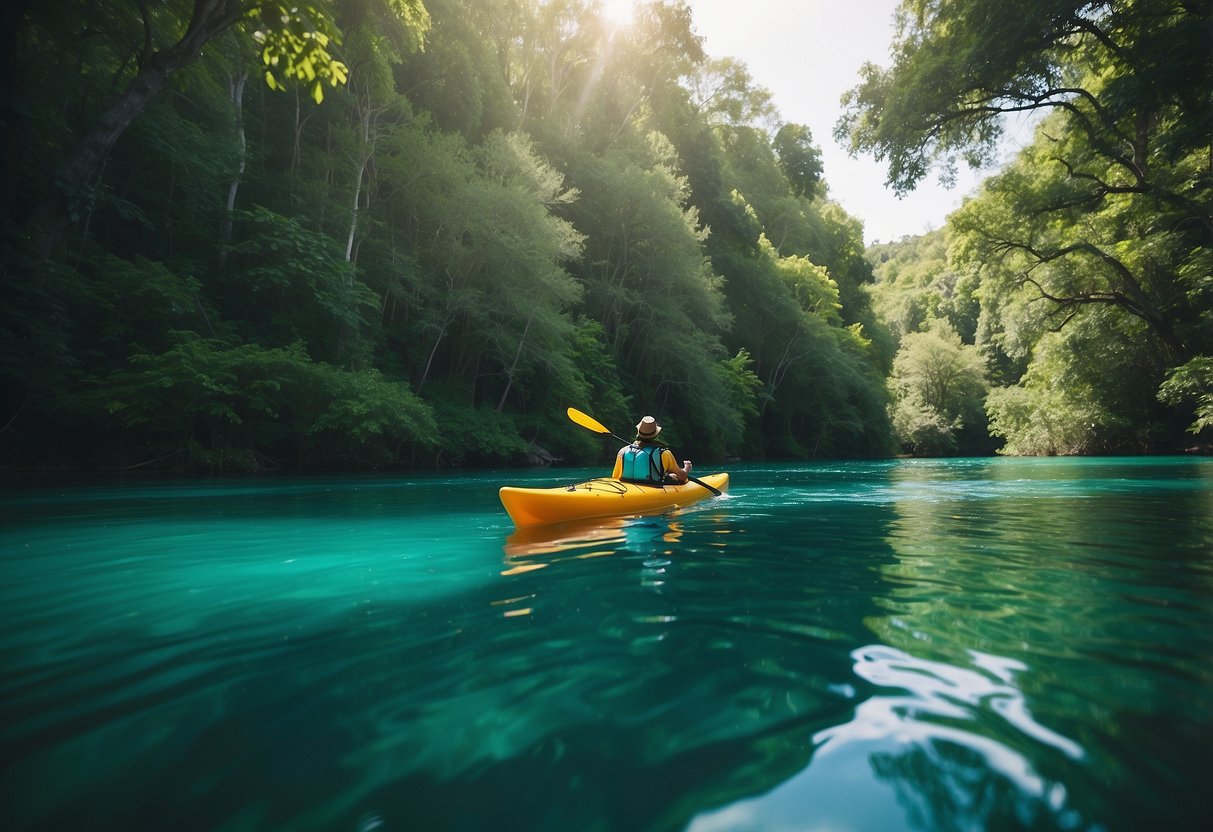 Kayak gliding down clear, turquoise river, surrounded by lush, green foliage and wildlife