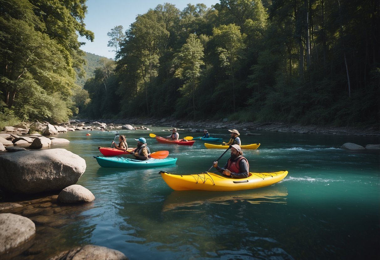 Kayaks glide on crystal-clear river, surrounded by lush greenery and wildlife. Conservation signs dot the banks, promoting preservation efforts